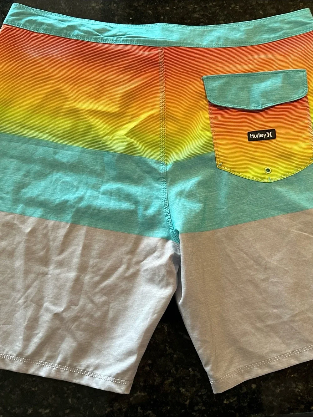 Hurley Men's Gradient Stripe Boardshorts in Teal, Yellow, Orange, Gray